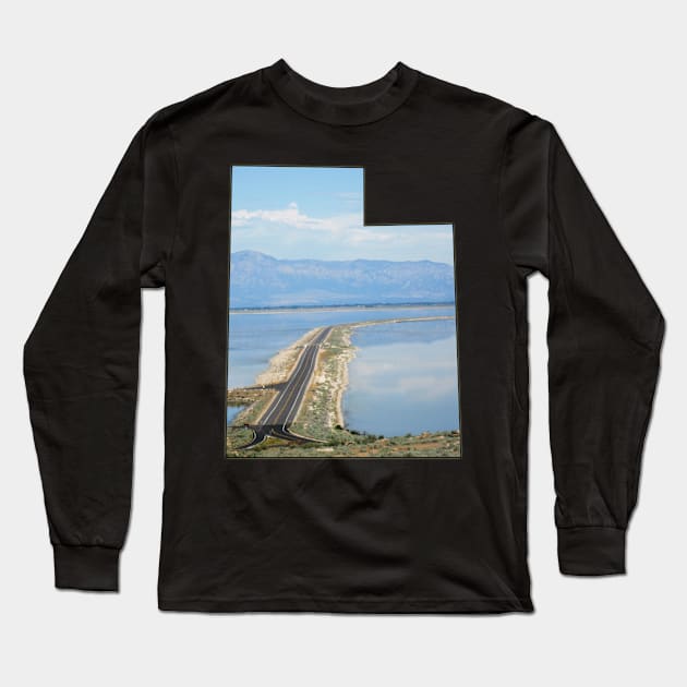Utah State Outline - Antelope Island Causeway in the Great Salt Lake Long Sleeve T-Shirt by gorff